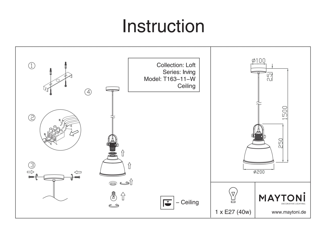 Pendul Irving T163-11-W, 1xE27, negru+transparent, IP20, Maytoni