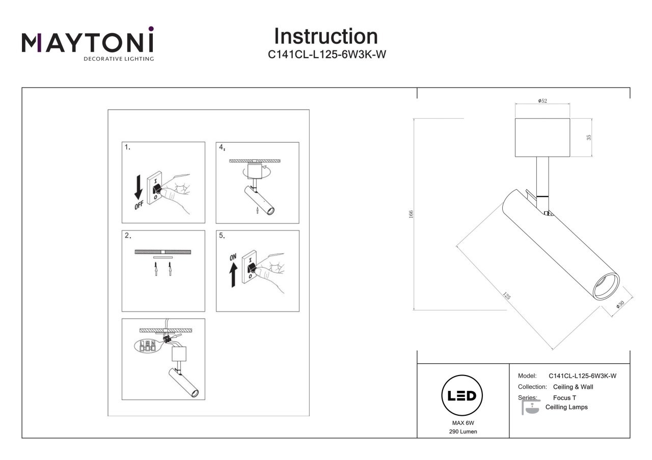 Plafoniera LED Focus T C141CL-L125-6W3K-W, 6W, 280lm, lumina calda, IP20, neagra, Maytoni - 2 | YEO