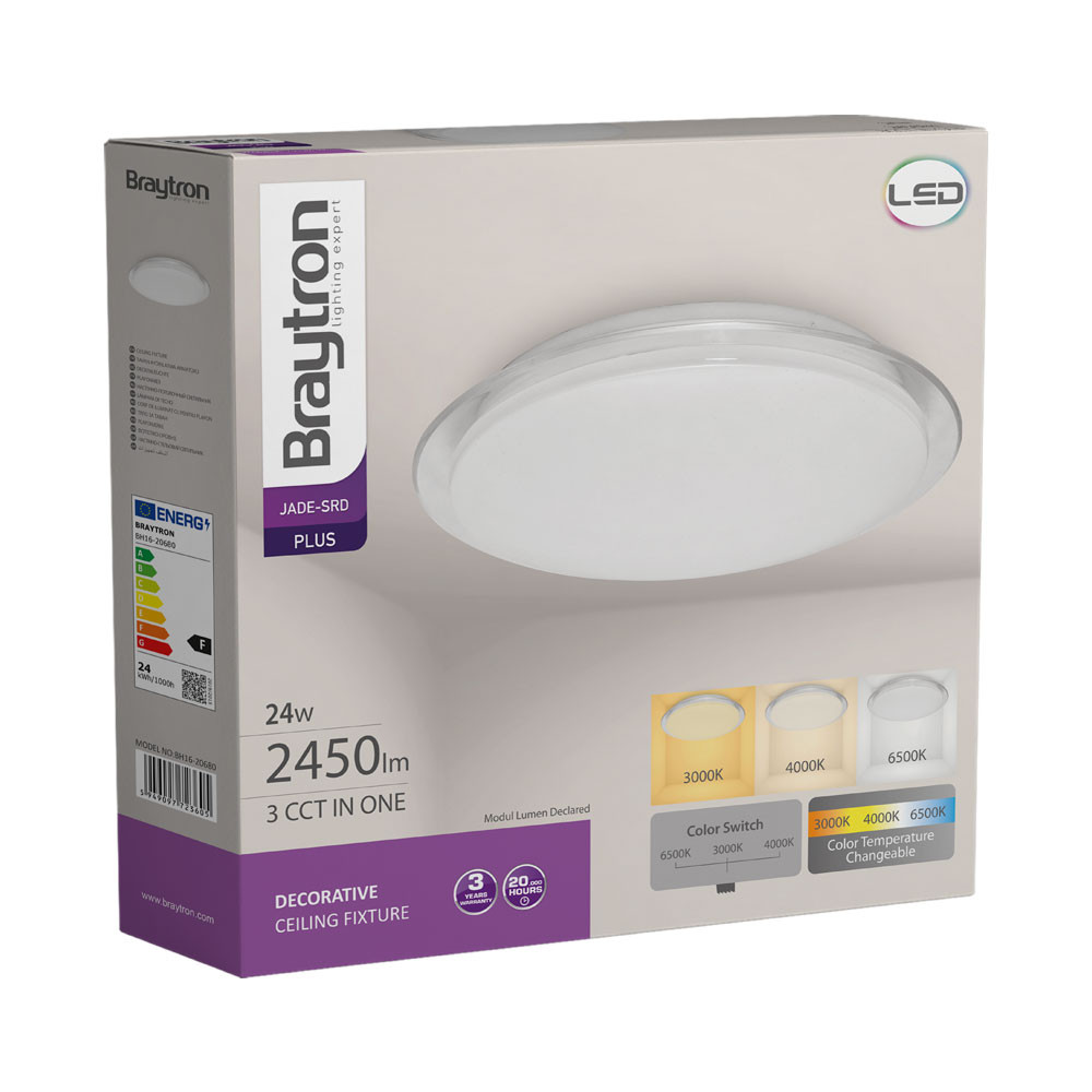 Plafoniera LED Jade BH16-20680, rotunda, 24W, 2450lm, lumina calda+neutra+rece, IP20, alba, Braytron - 2 | YEO