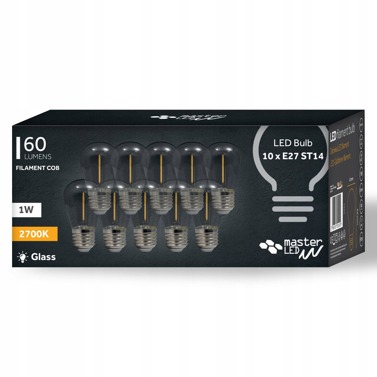 Set 10 becuri LED Vintage 1W Masterled, E27, 160 lm, transparente, lumina calda (2700K), clasa energetica F