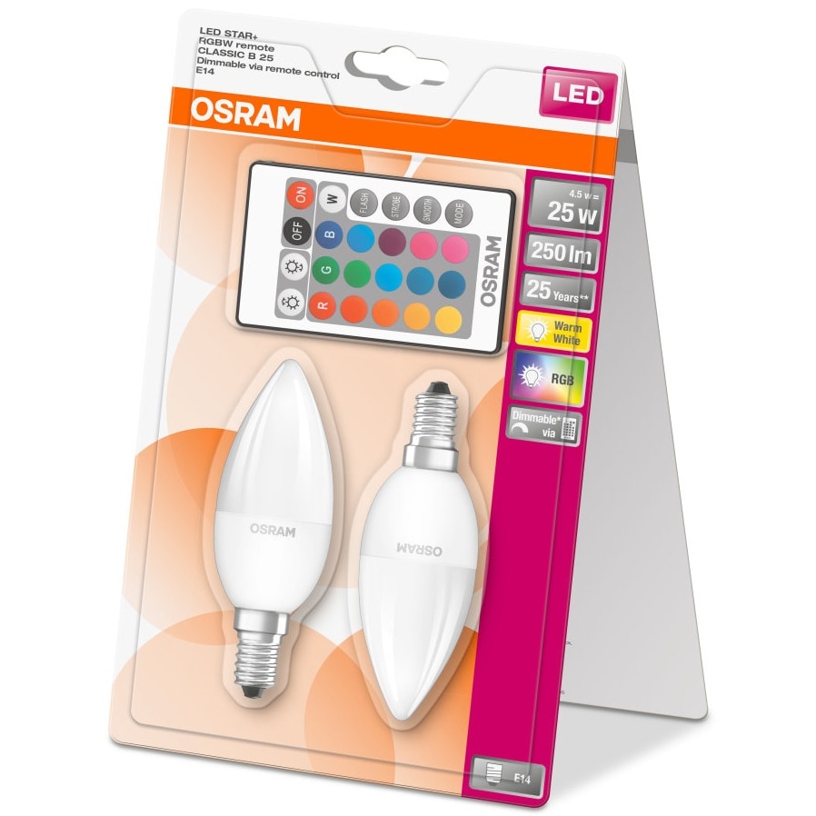 Set 2 becuri LED RGB-W dimabil Osram Star, E14, 4.5W (25W), 250 lm, cu 2 telecomenzi incluse - 2 | YEO