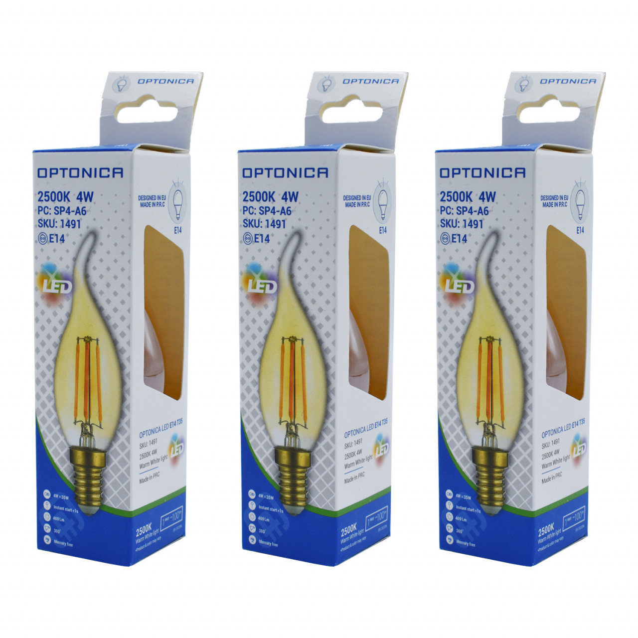 Set 3 becuri LED flacara Vintage filament 4W(35W) Optonica, E14, 400 lm, lumina calda (2500K), auriu, clasa energetica F