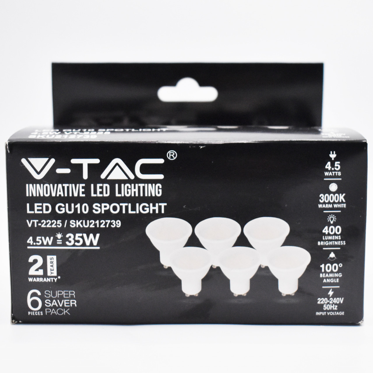 Set 6 becuri LED 4.5W(35W) V-TAC, GU10, 400 lm, lumina calda (3000 K), clasa energetica F - 2 | YEO