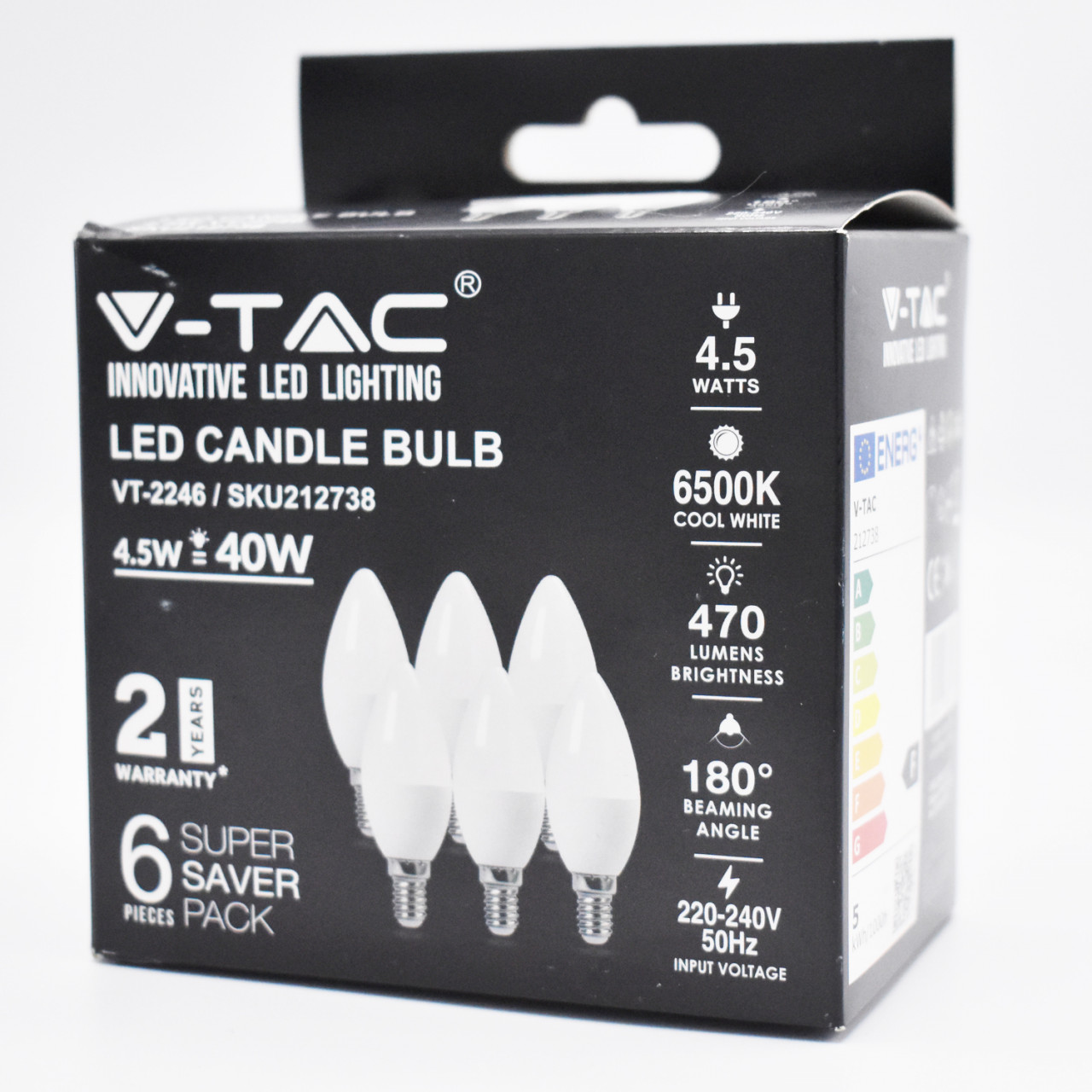 Set 6 becuri LED 4.5W(40W) V-TAC, lumanare, E14, 470 lm, lumina rece (6500K), clasa energetica F