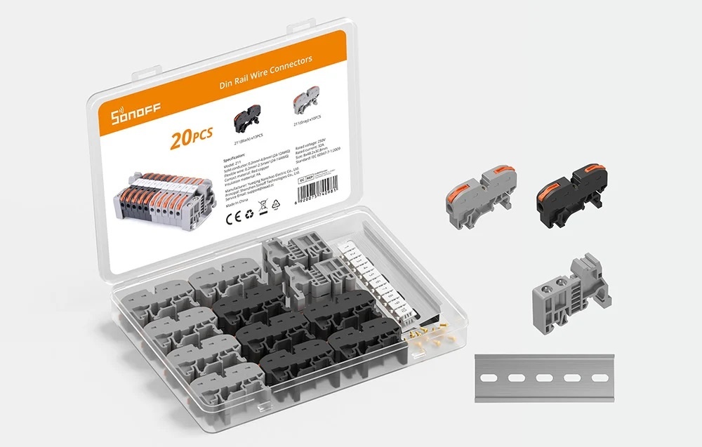 Set Conectori pentru Sina DIN Sonoff 211, 20 bucati, 250V, 32A, cupru, PA, alb - 2 | YEO