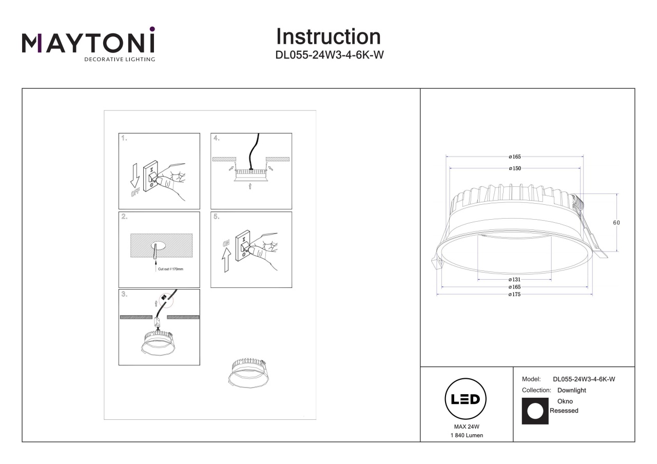 Spot LED 24W Incastrat, Maytoni, 1840lm, Lumina Calda+Neutra+Rece, Alb - 2 | YEO