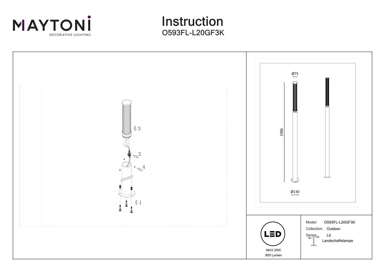 Stalp pentru exterior LED Lit O593FL-L20GF3K, 20W, 850lm, lumina calda, IP65, grafit, Maytoni - 2 | YEO