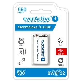 Acumulator EverActive 9V, capacitate 550mAh,incarcare directa prin USB-C