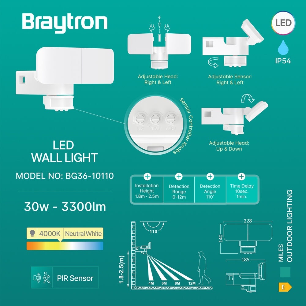 Aplica LED exterior cu senzor de miscare, 30W, 3300lm, lumina neutra (4000 K), IP54, alb, Braytron - imagine 3