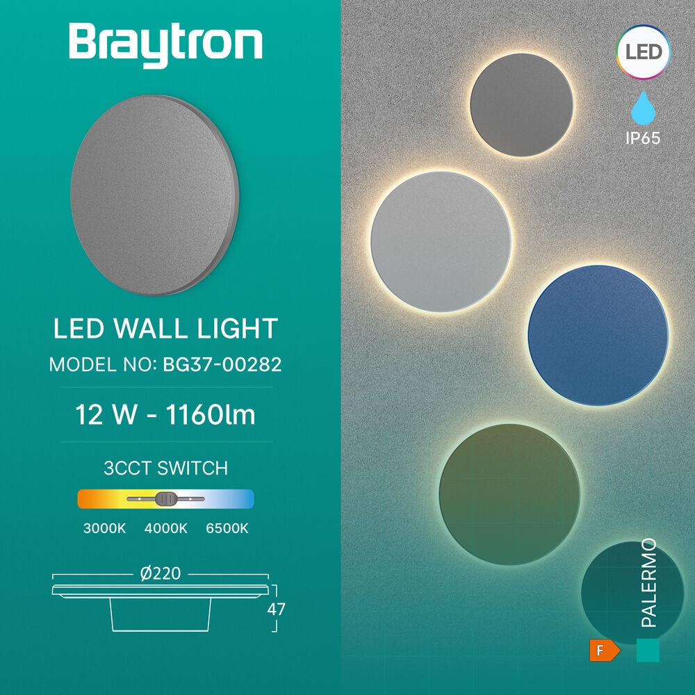 Aplica LED exterior Palermo 12W, 1160lm, lumina calda/neutra/rece, IP65, gri inchis, Braytron - imagine 3