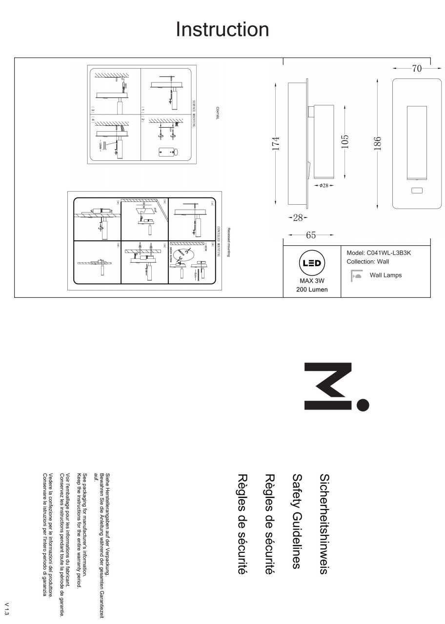 Aplica LED Mirax C041WL-L3B3K, 3W, 200lm, lumina calda, IP20, neagra, Maytoni