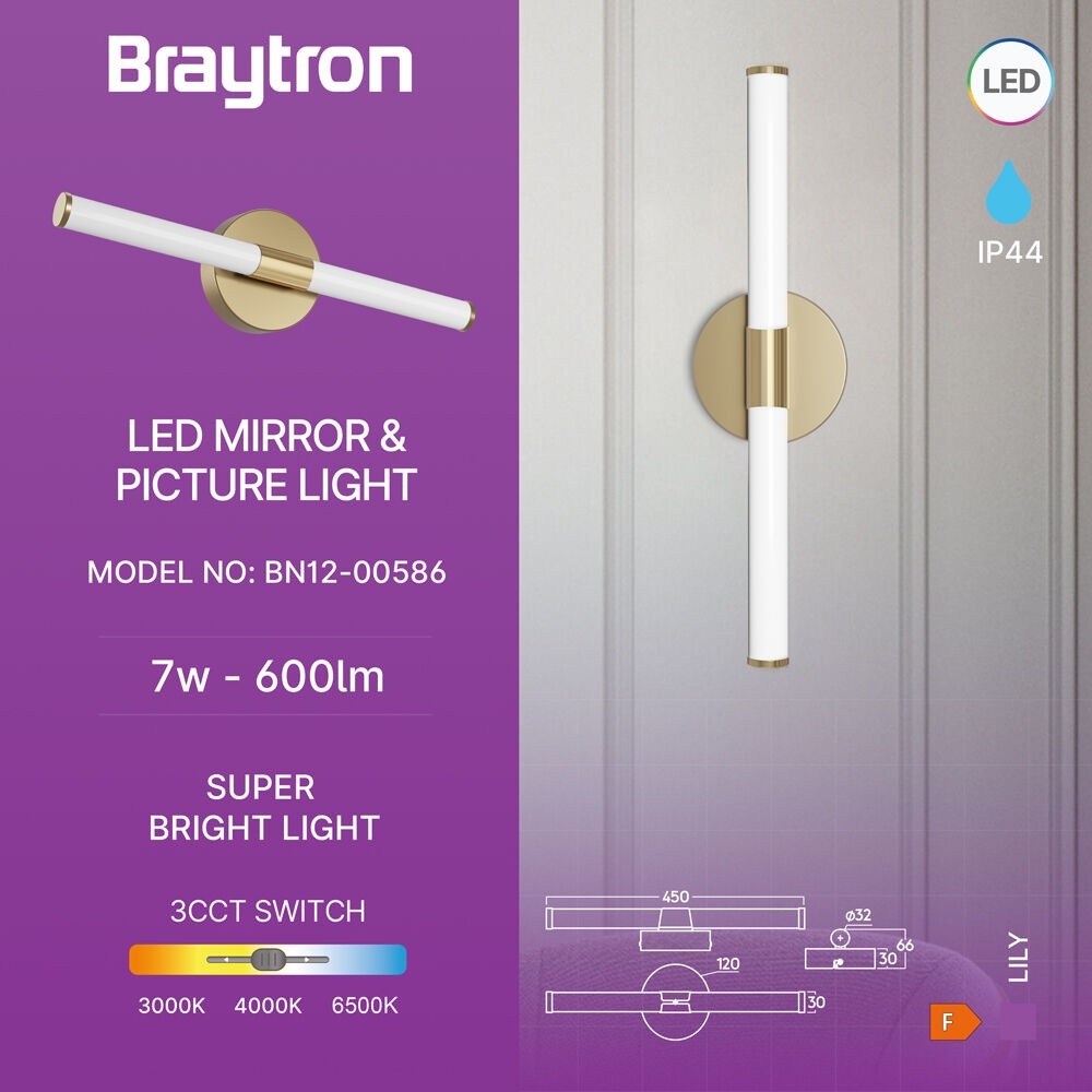 Aplica LED pentru baie 7W, lumina calda/neutra/rece, aurie, IP44, Braytron - imagine 3