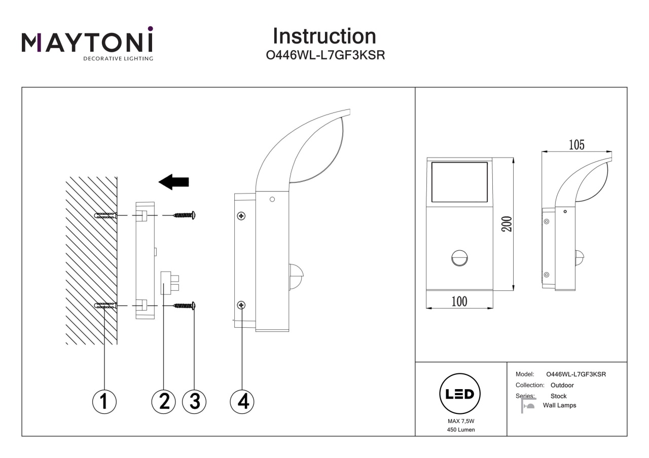 Aplica pentru exterior LED Stock O446WL-L7GF3KSR, cu senzor, 7.5W, 450lm, lumina calda, IP44, grafit, Maytoni - 2 | YEO