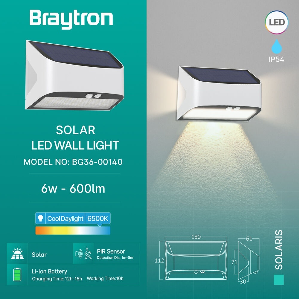 Aplica solara LED cu senzor de miscare, 6W, 600lm, lumina rece (6500 K), IP54, 10h, Braytron - imagine 3