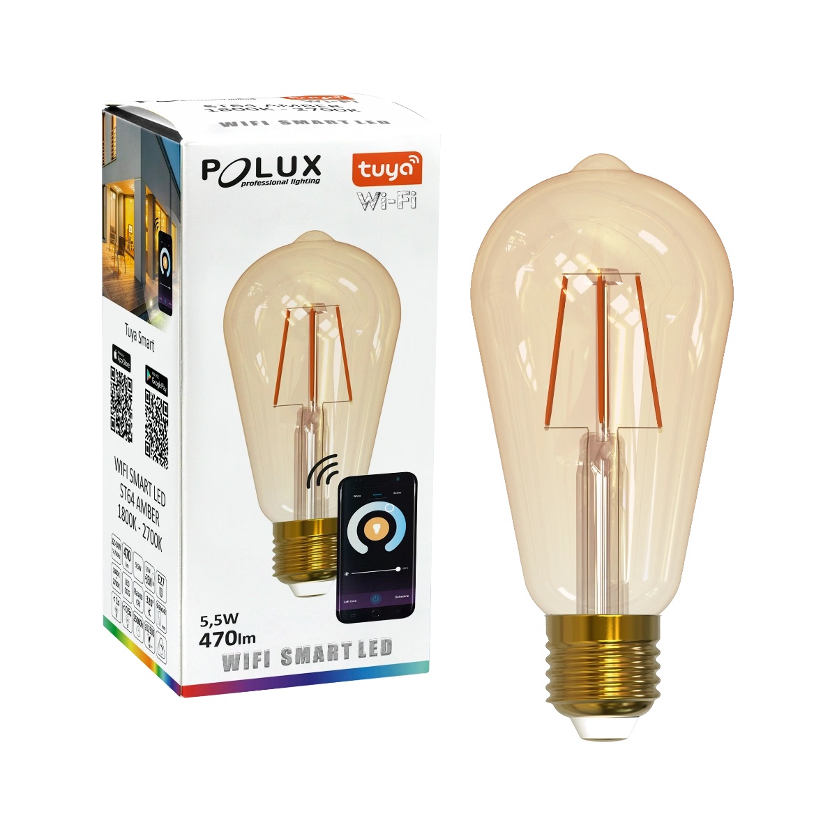 Bec decorativ SMART LED 5.5W Polux, ST64, E27, Wi-Fi, 1800K–2700K, dimabil, clasa energetica F