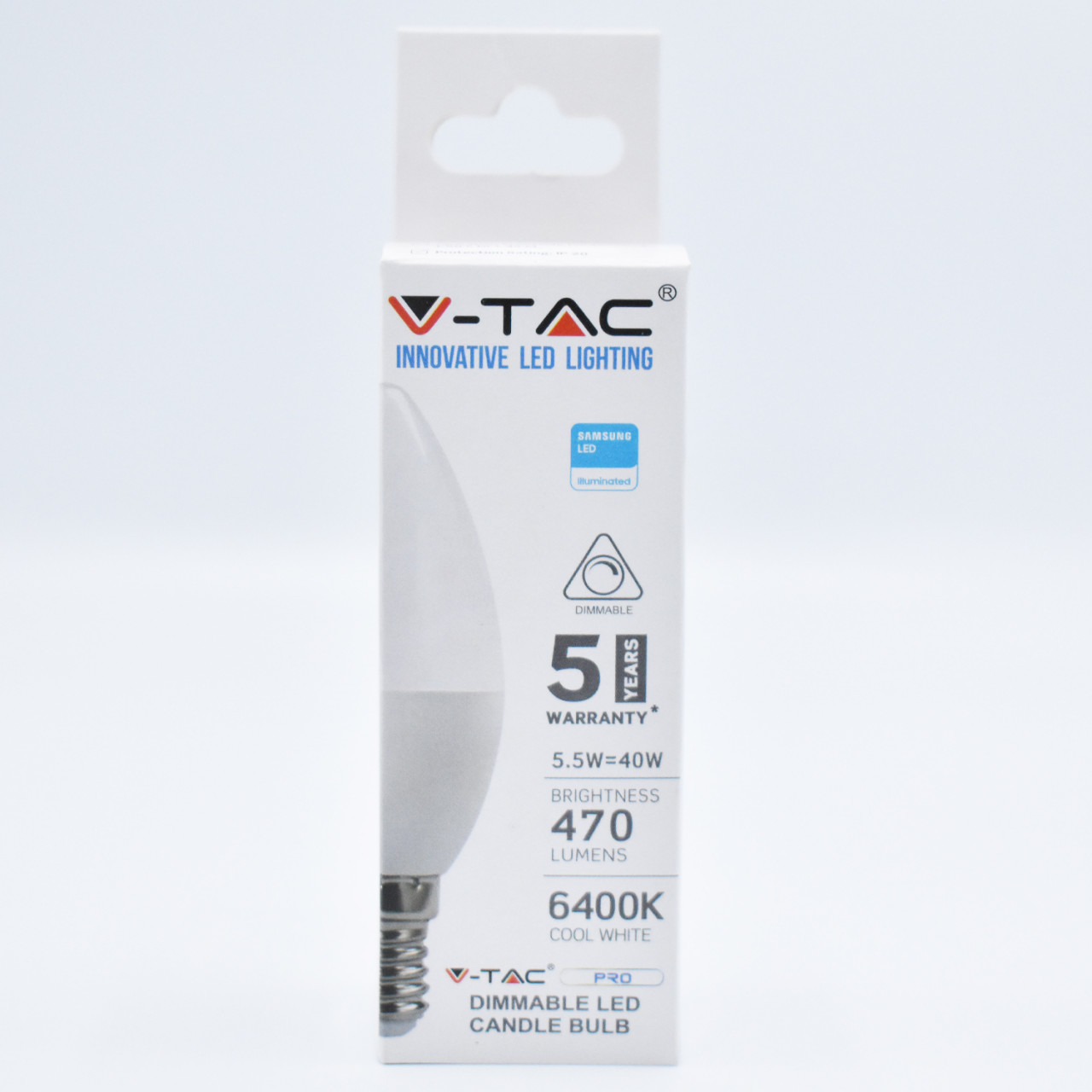 Bec LED 5.5W(40W) V-TAC C37, E14, 470 lm, cip Samsung, lumina rece (6400 K), dimabil, clasa energetica F - 2 | YEO