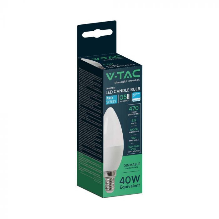 Bec LED 5.5W (40W) V-TAC, E14, lumina calda (3000K), dimabil, forma lumanare, clasa energetica F - 3 | YEO