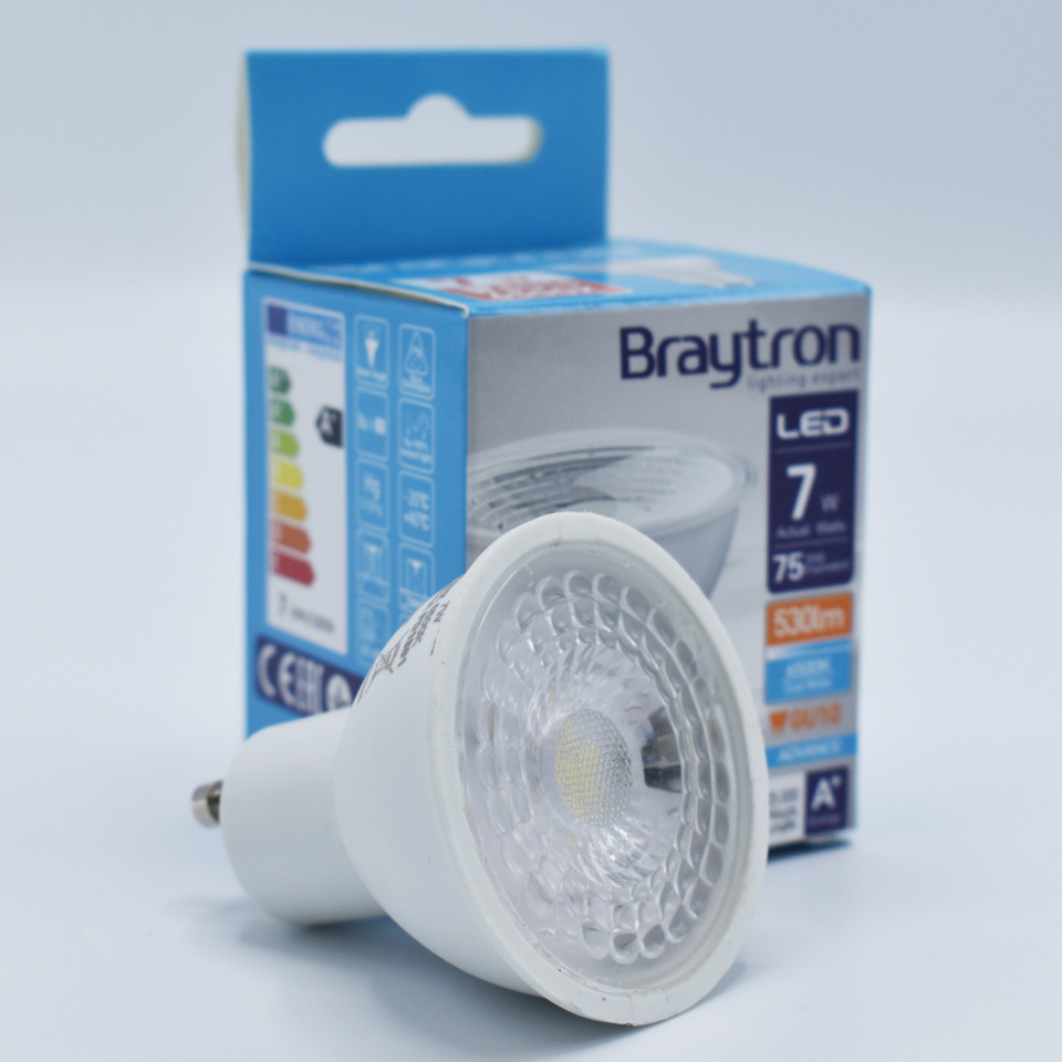 Bec LED 7W(70W) Braytron, GU10, 530 lm, lumina rece (6500 K), clasa energetica F - 1 | YEO