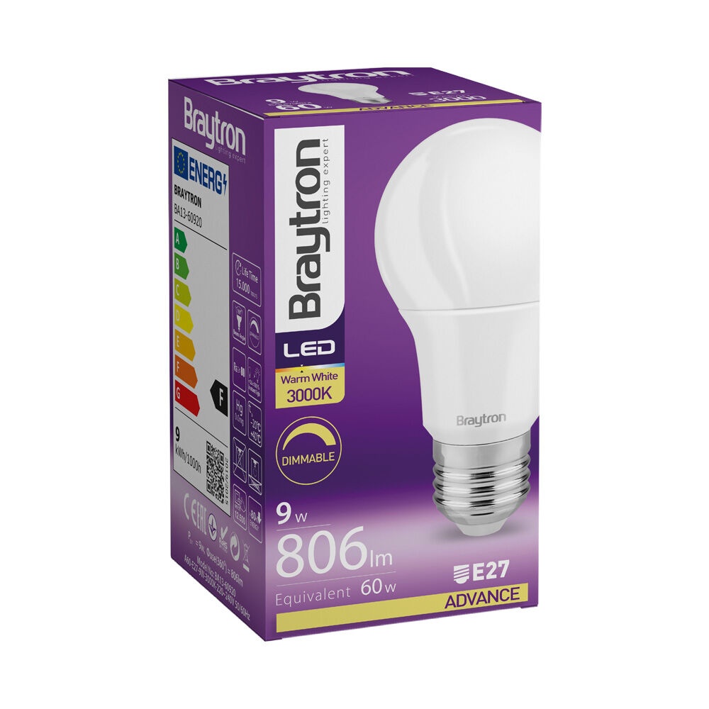 Bec LED 9W(60W) Braytron, A60, E27, dimabil, lumina calda (3000 K), clasa energetica F - 1 | YEO
