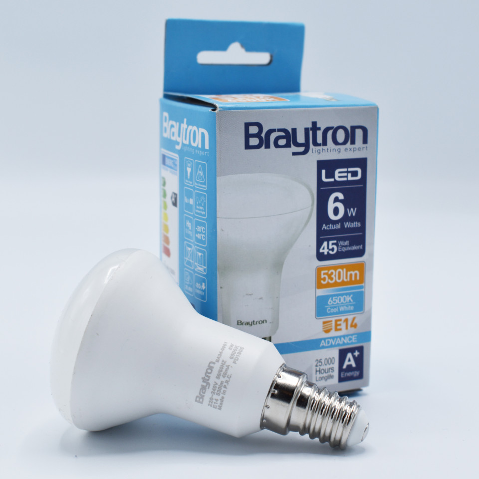 Bec LED Braytron 6W(45W), E14, R50, 550lm, lumina rece (6500K), clasa energetica F - 1 | YEO