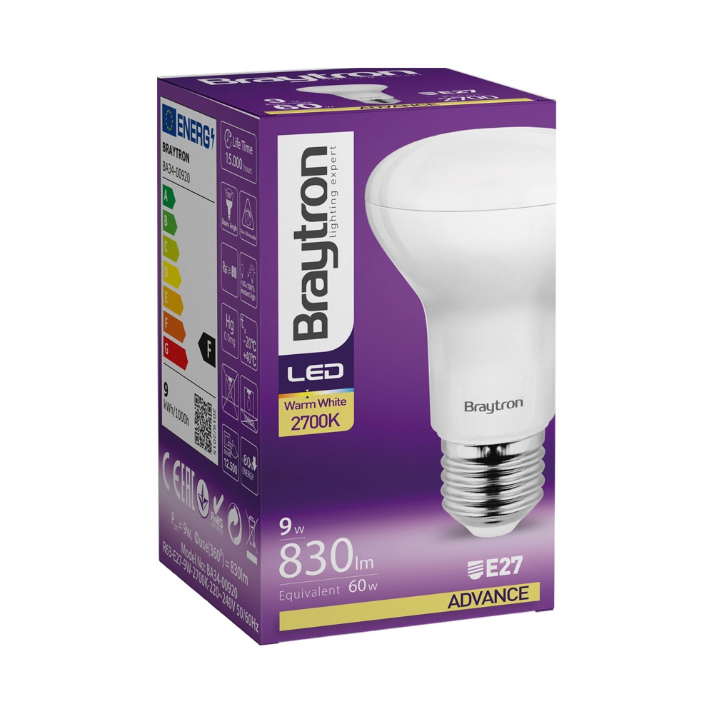 Bec LED Braytron, 9W(60W), R63, E27, 830 lm, lumina calda (3000K), clasa energetica F - 2 | YEO