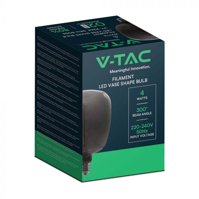 Bec LED decorativ V-TAC, E27, 4W, sticla fumurie, forma vaza, lumina calda (2200 K), clasa energetica G