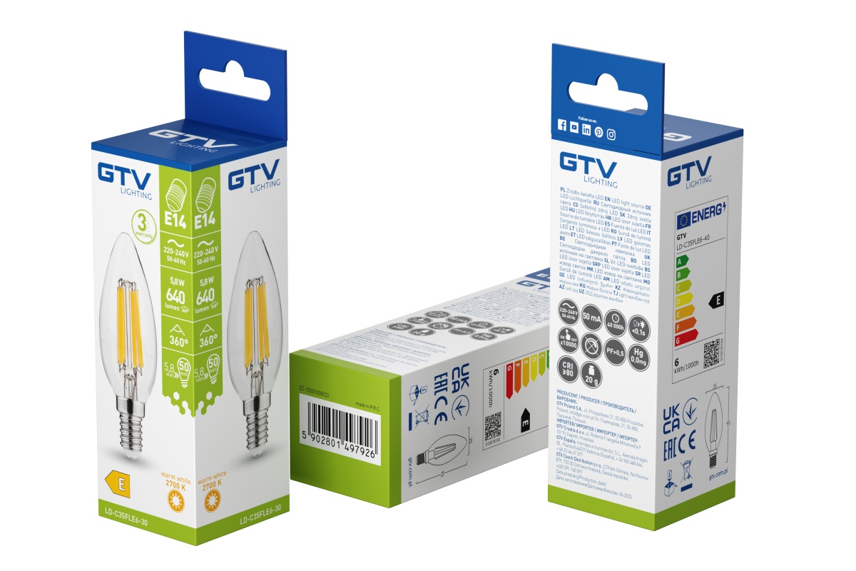 Bec LED lumanare GTV, E14, 5.8W, 640lm, lumina calda (2700K), clasa energetica E