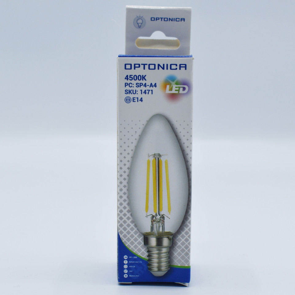 Bec LED lumanare Vintage filament Optonica, 4W(32W), E14, C35, 400 lm, lumina neutra (4500K), clasa energetica F - 2 | YEO