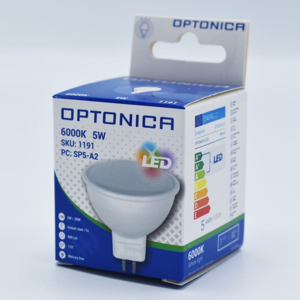 Bec LED MR16 Optonica, 12V, 5W(40W), 400 lm, lumina rece (6000K), clasa energetica F