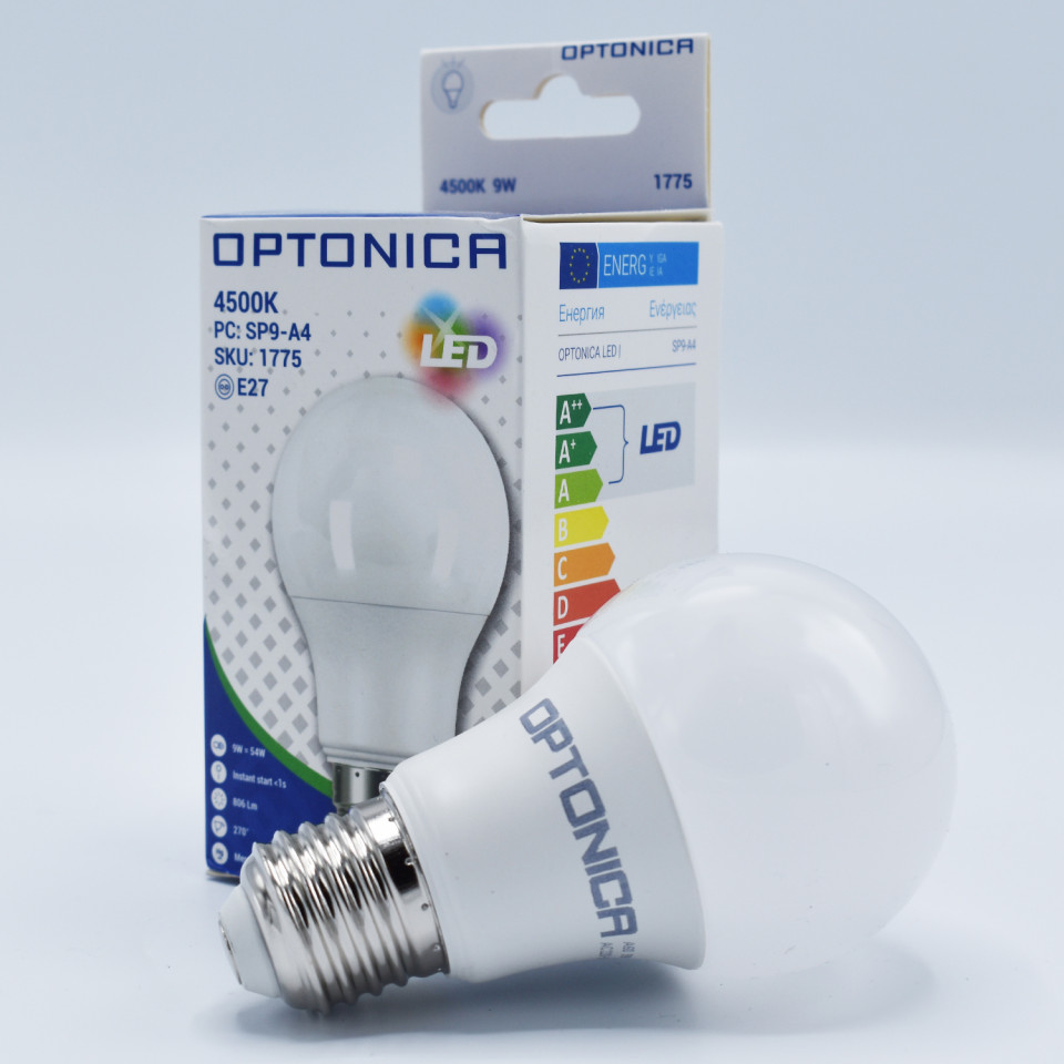 Bec LED Optonica, 9W(54W), E27, A60, 806 lm, lumina neutra (4500K), clasa energetica F - 1 | YEO