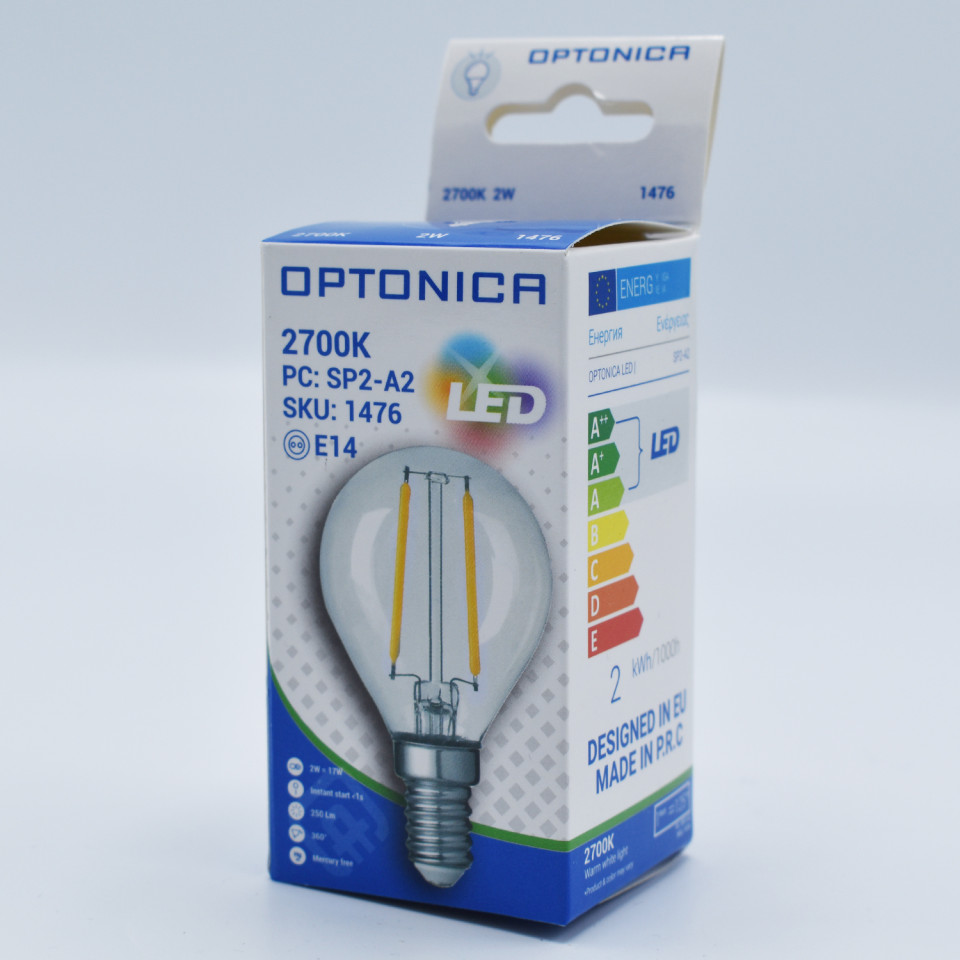 Bec LED sferic Vintage filament Optonica, 2W(16W), E14, G45, 200 lm, lumina calda (2700K), clasa energetica F
