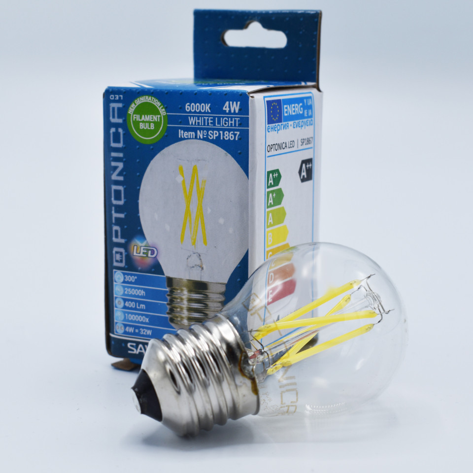 Bec LED sferic Vintage filament Optonica, 4W(32W), E27, G45, 400 lm, lumina rece (6000K), clasa energetica F - 1 | YEO