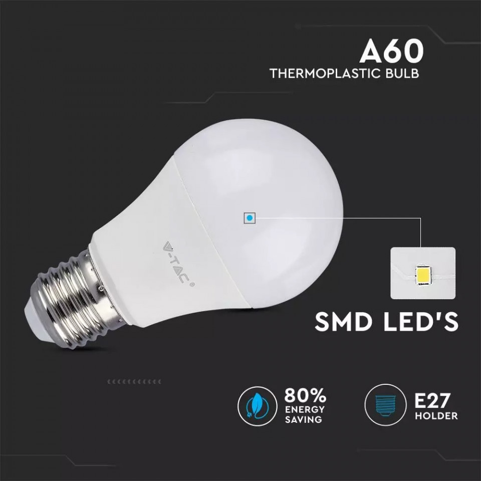 Bec LED V-TAC, E27, 11W(75W), 1055 lm, lumina calda (3000K), clasa energetica F - 1 | YEO