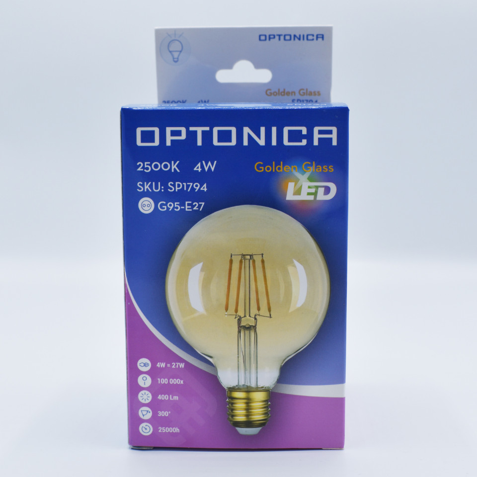 Bec LED Vintage filament 4W(27W) Optonica, G95, E27, 400 lm, lumina calda (2800K), auriu, clasa energetica F - 2 | YEO