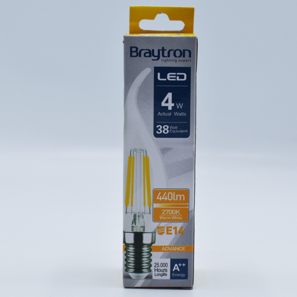 Bec LED Vintage filament 4W(38W) Braytron, flacara, E14, 470lm, lumina calda(3000 K), clasa energetica E - 2 | YEO