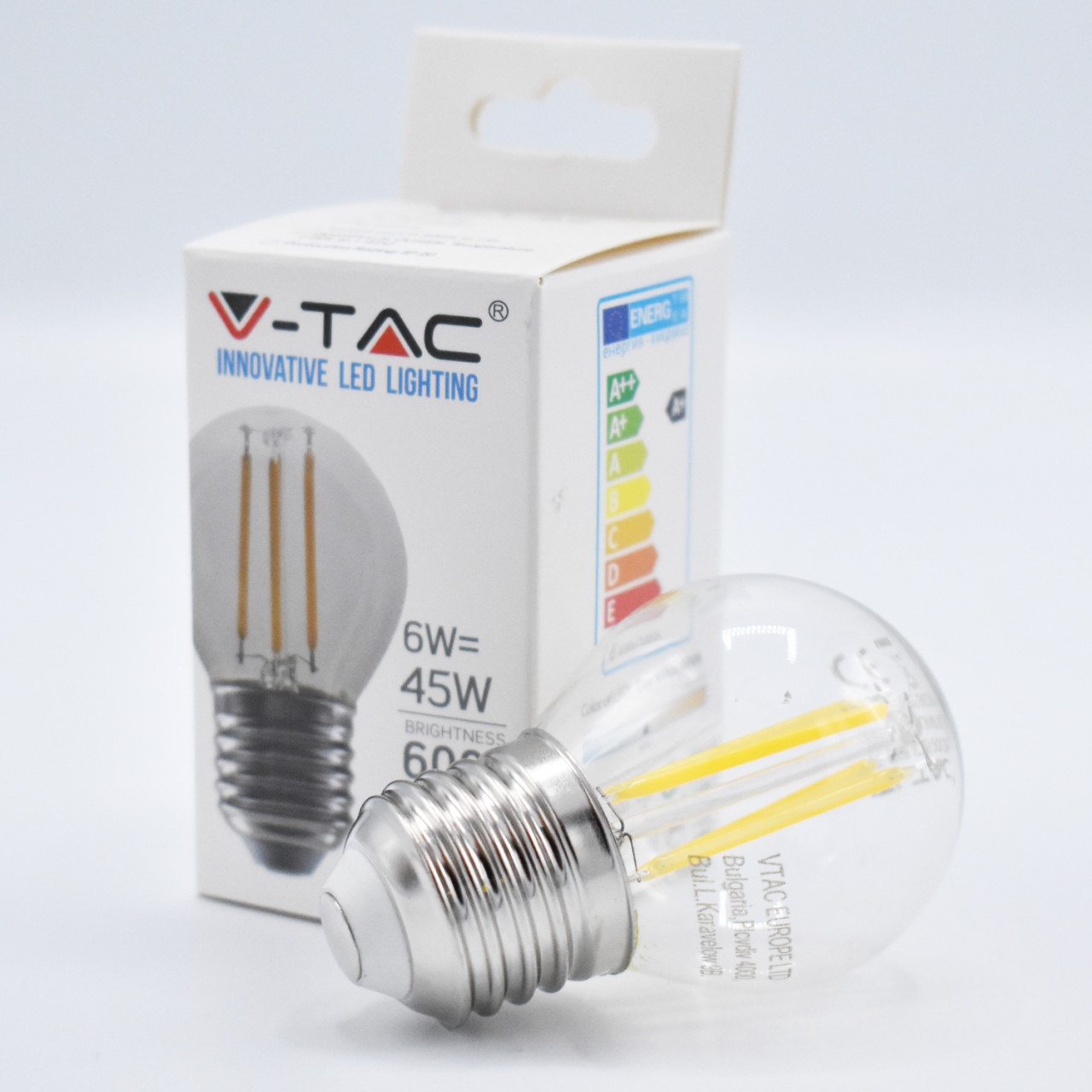 Bec LED Vintage filament V-TAC, 6W(45W), E27, G45, 600 lm, lumina neutra (4000K), clasa energetica F - 1 | YEO