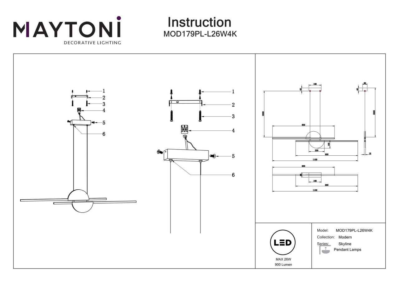 Lustra LED Skyline MOD179PL-L26W4K, 26W, 900lm, lumina neutra, IP20, neagra+alba, Maytoni