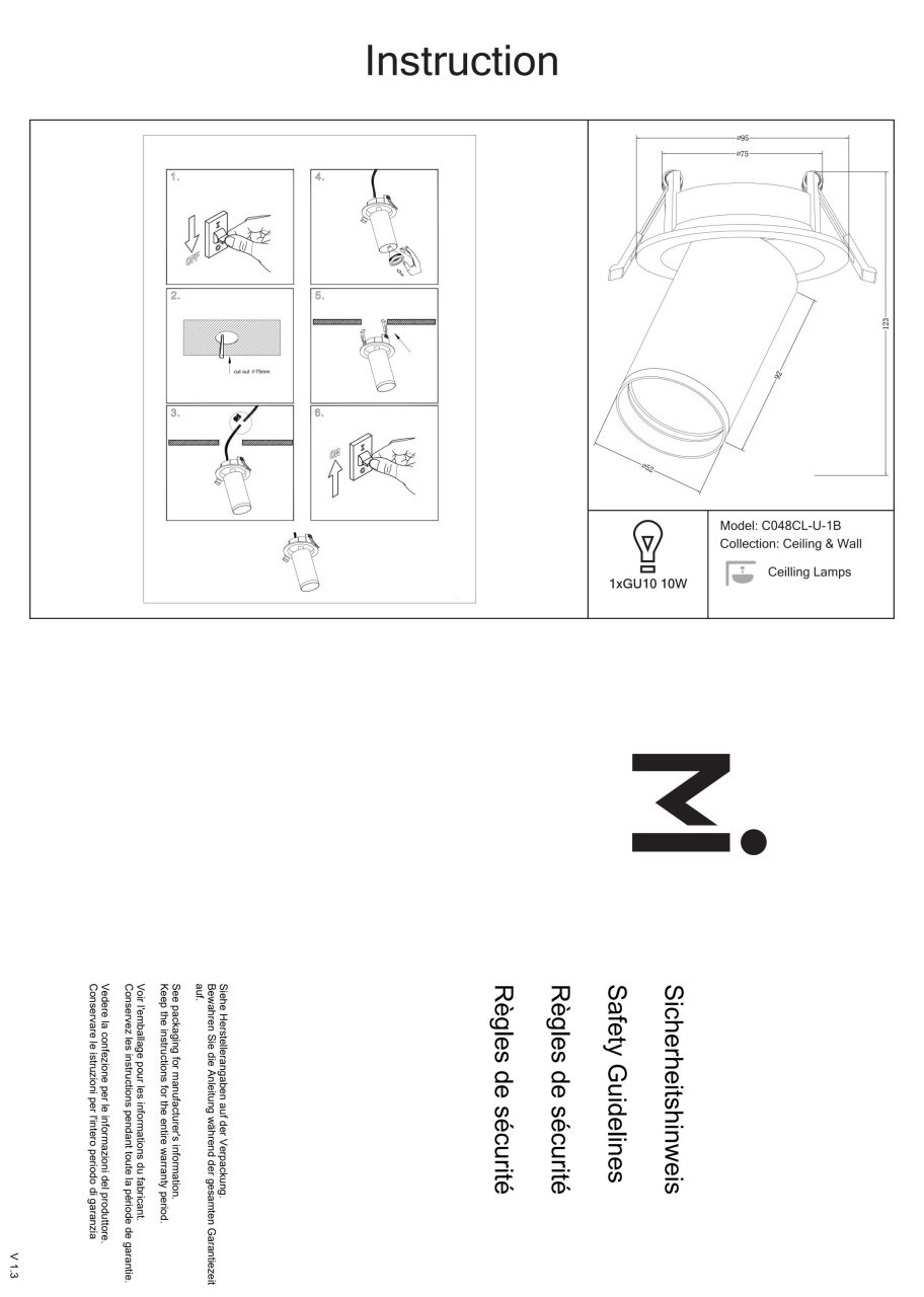 Plafoniera Focus C048CL-U-1B, 1xGU10, neagra, IP20, Maytoni