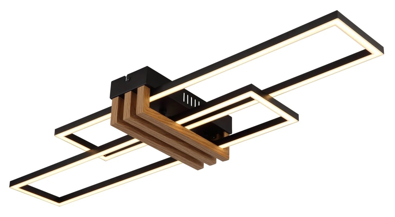Plafoniera LED dreptunghiulara Dakari, 30W, 1430lm, lumina calda (3000 K), IP20, negru/opal/decor lemn, Globo Lighting