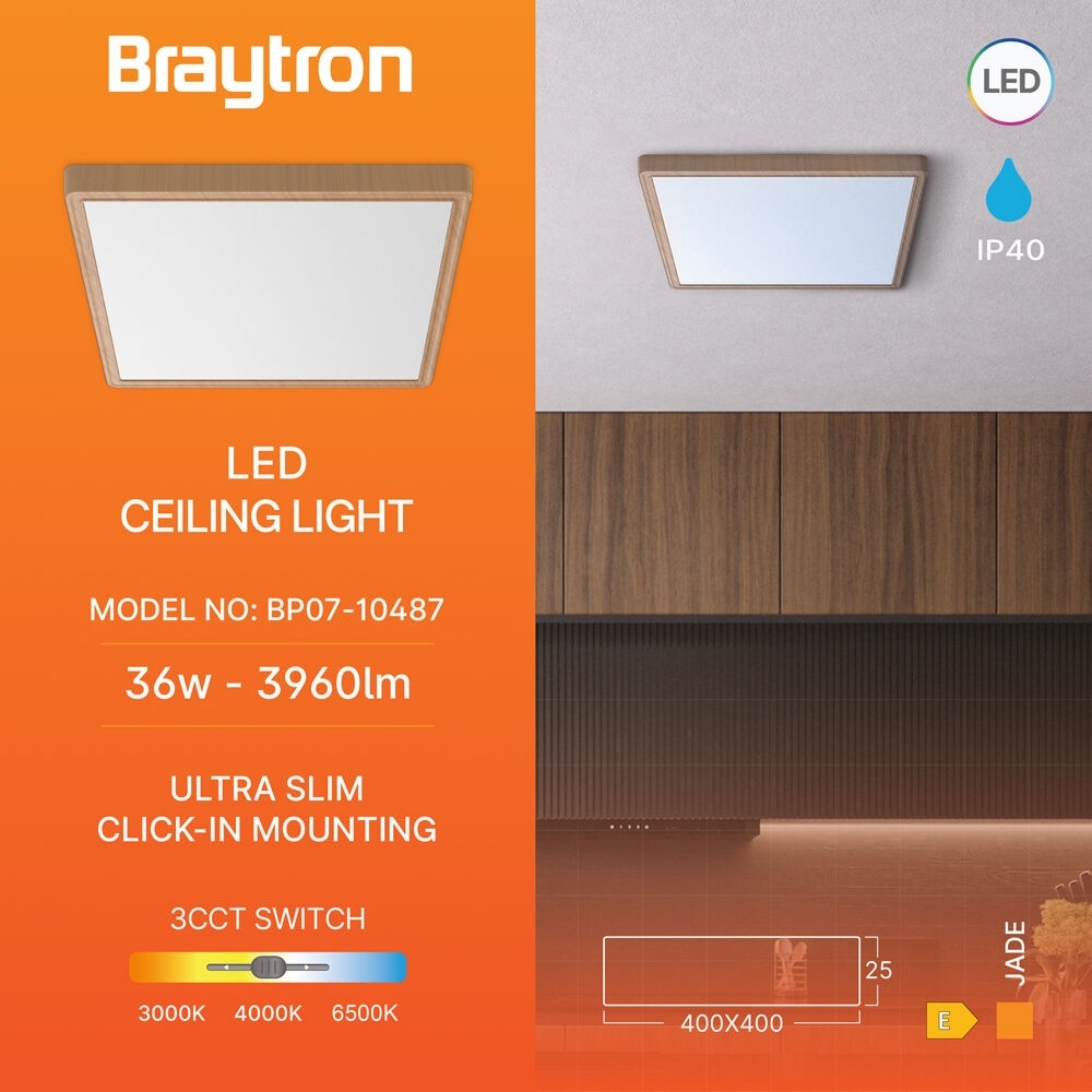 Plafoniera LED patrata Jade 36W, lumina calda/neutra/rece, finisaj lemn, IP40, Braytron - imagine 3