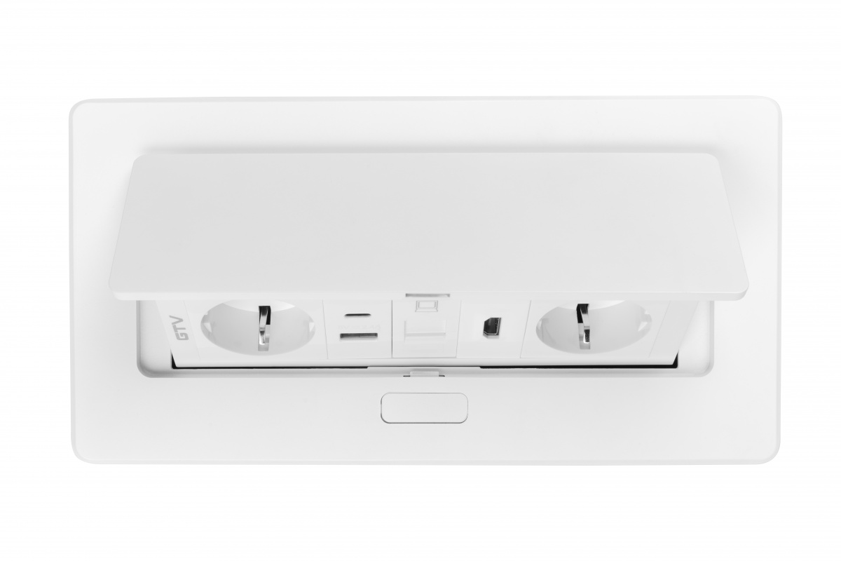 Priza incastrabila dreptunghiulara MULTISOFT, 2x Schuko, USB A+C, RJ45, HDMI,1.5 m, alba, GTV