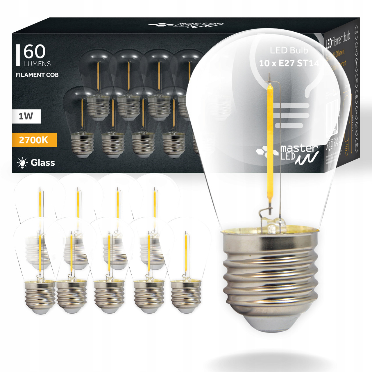 Set 10 becuri LED Vintage 1W Masterled, E27, 160 lm, transparente, lumina calda (2700K), clasa energetica F