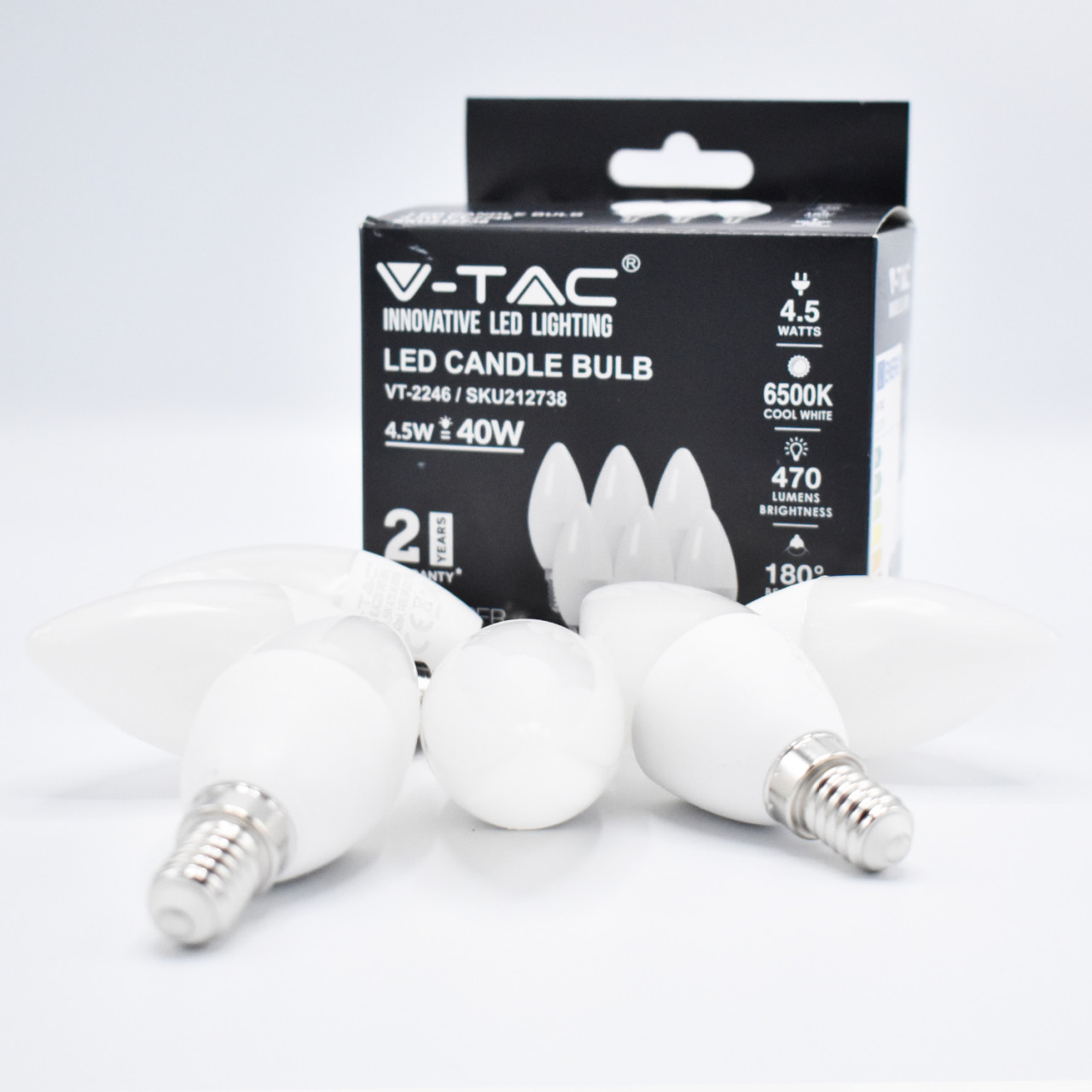 Set 6 becuri LED 4.5W(40W) V-TAC, lumanare, E14, 470 lm, lumina rece (6500K), clasa energetica F - 1 | YEO