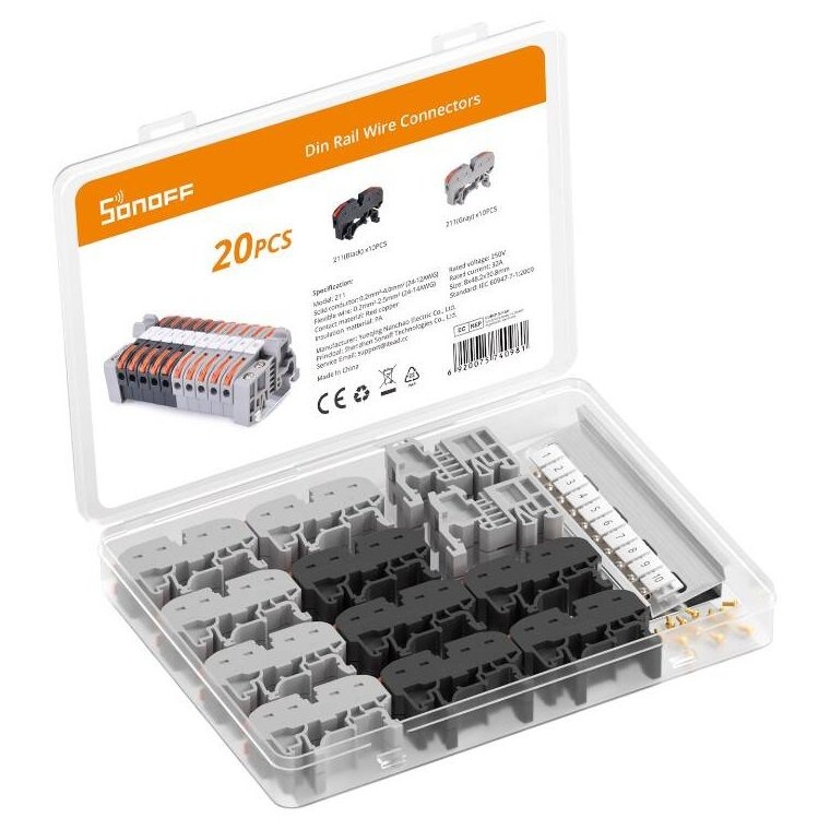 Set Conectori pentru Sina DIN Sonoff 211, 20 bucati, 250V, 32A, cupru, PA, alb