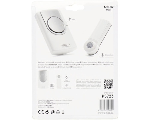 Sonerie fara fir Emos P5723, max. 100 m, 75 dB, alimentare pe baterii, alb-argintiu
