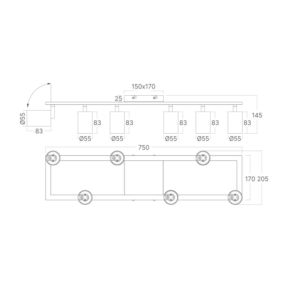 Spot aplicat 6xGU10 Beta, aluminiu, negru, IP20, Braytron