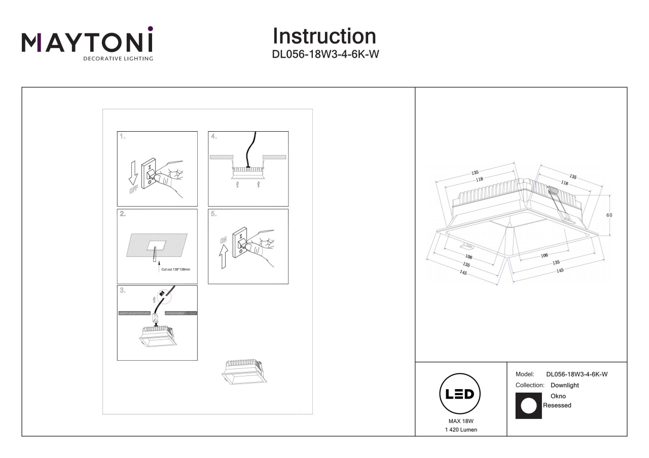 Spot LED 18W Incastrat, Maytoni, 1420lm, Lumina Calda+Neutra+Rece, Alb - 2 | YEO