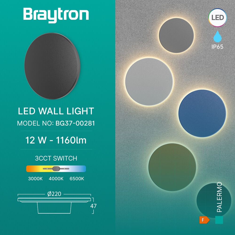 Aplica LED 12W pentru exterior Palermo, neagra, IP65, lumina calda/neutra/rece, 1160 lm, Braytron - 2 | YEO