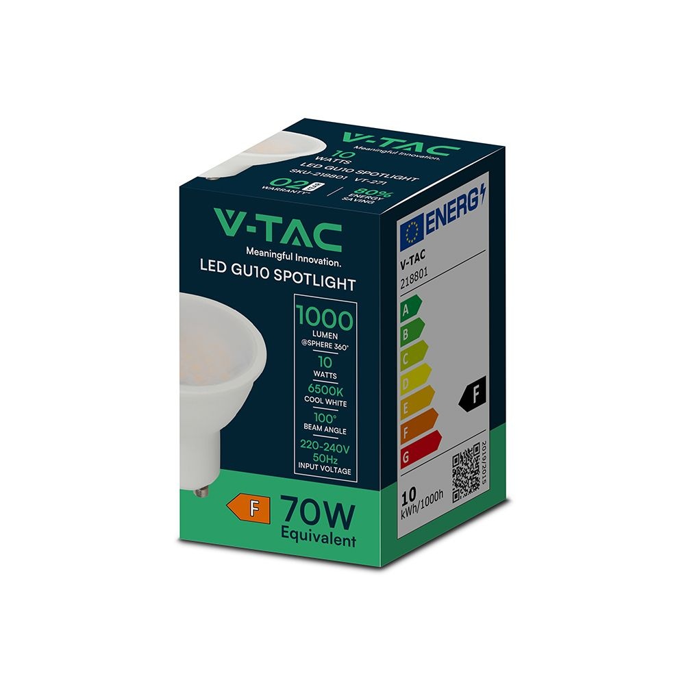 Bec LED 10W(70W) V-TAC, GU10, 1000 lm, lumina rece (6500 K), clasa energetica F