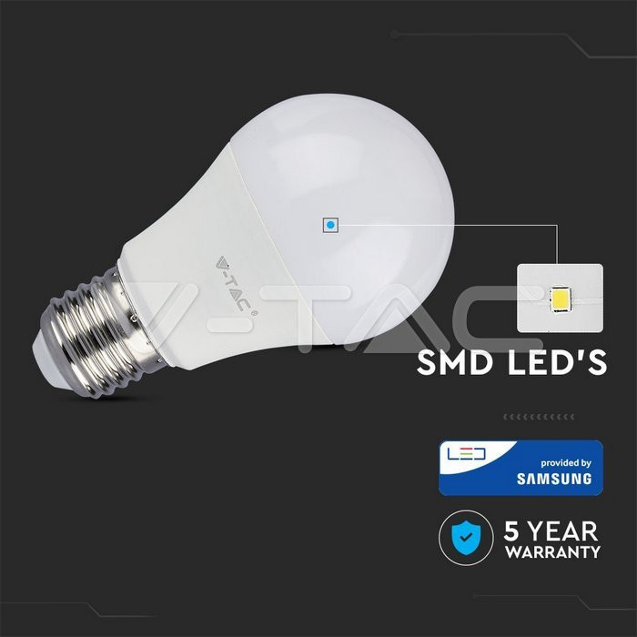 Bec LED 11W(75W) V-TAC A60, E27, 1055 lm, cip Samsung, lumina calda (3000 K), clasa energetica F - 1 | YEO